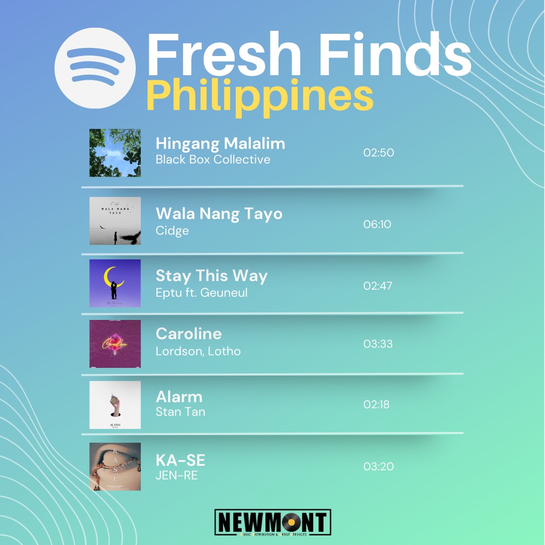 CidgeOfficial's tweet photo. WE ARE ON FRESH FINDS PHILIPPINES PLAYLIST! 🔥

Playlist Link: https://t.co/NZv1vWUQUx...

Newmont Music Distribution &amp; Artist Services https://t.co/o3L7CQo6Pl