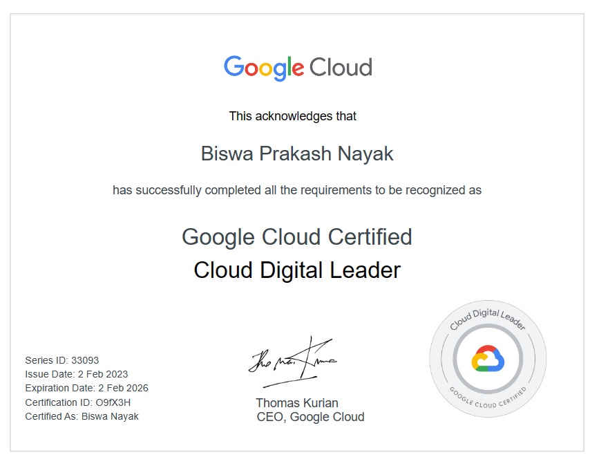 Google Certified Cloud Digital Leader

#GoogleCloudCertified #GCP #CloudArchitect #Cloud #consulting