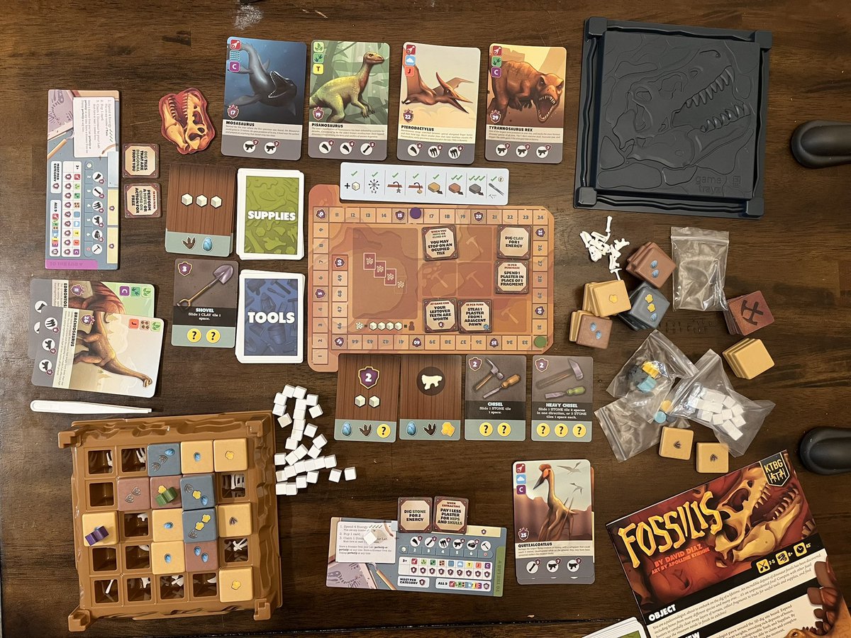 AverageMeeple's tweet photo. We really dug our first full playthrough of #Fossilis from @kidstablebg! Certainly living out that second grade dream of being a paleontologist by extracting giant dinosaur bones. @siloid came out on top this time with his Quetzalcoatl and Pterandon. 🦖🦕⛏ https://t.co/pvDEIKmiqI