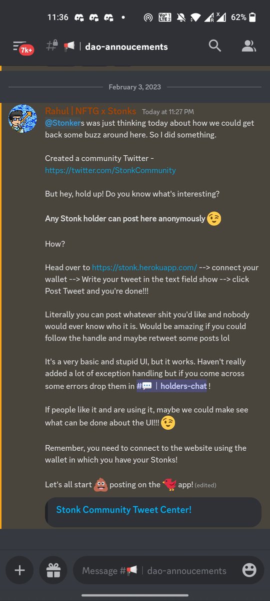 Check this out! 

Any Stonk Holder can post anything on the <a href="/StonkCommunity/">Stonk Society Community Handle</a> Handle.

Just head over to the website in our Community Handle's bio, connect the wallet in which you have Stonks and start posting!!