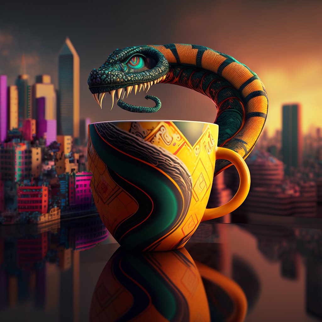 EncryptedWonder's tweet photo. Coffee cup series. A cup with a snake motif.#midjourney  #aiart #art  #digitalart  #picture    #color   
#colorful  #drawing https://t.co/gzRxwpPPv7