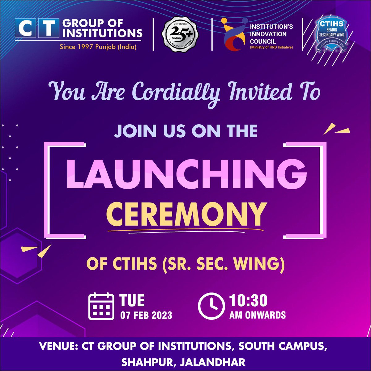 CTGroupshahpur's tweet photo. You are cordially invited to join us at the launching ceremony of CTIHS (Sr.Sec.Wing) on 07th February 2023.
#ctihs #shahpur #jalandhar #punjab #bestcollege #sswing #newblock https://t.co/qaxR3jvEPi