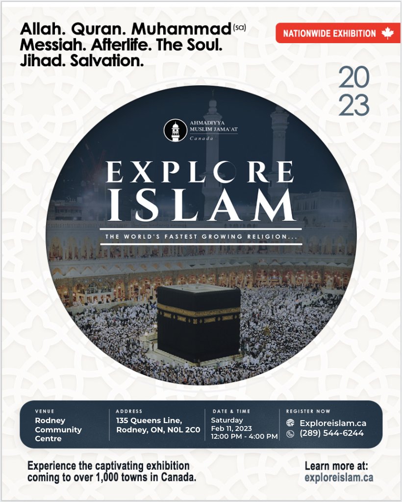 Brampton Flowertown will be organizing a Rodney #ExploreIslam Exhibition at Rodney Community Centre next Saturday, February 11th at 12 noon!

We look forward to welcome media, churches, government officials and the amazing people of #Rodney, ON