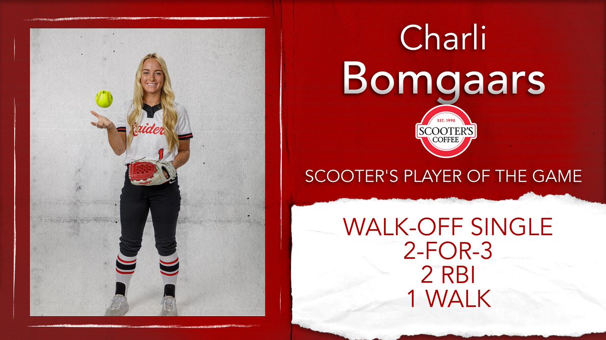 SB | With her clutch game-winning hit to secure the comeback victory, Charli Bomgaars is your <a href="/scooterscoffee/">Scooter's Coffee</a> Player of the Game!

#RaidersStandOut | <a href="/NWCSoftball/">Northwestern College Softball 🥎</a>