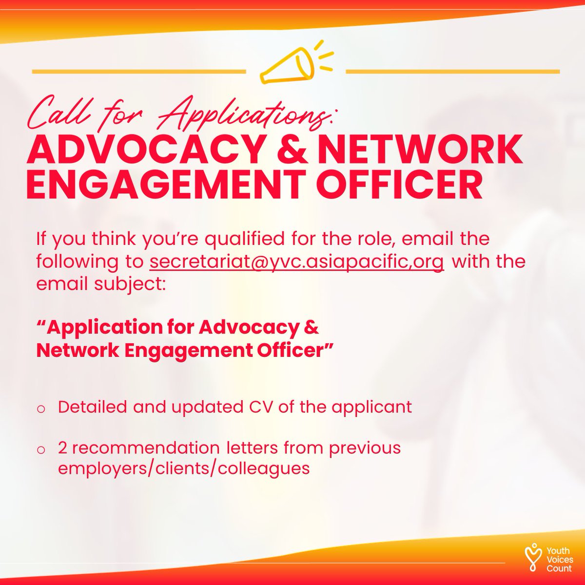 YVC_Official's tweet photo. Youth Voices Count is looking for an Advocacy &amp; Network Engagement Officer!

For more details visit the link:
https://t.co/AjputADtj2

Deadline of application is on February 15, 2023. https://t.co/h3G18ox0XB