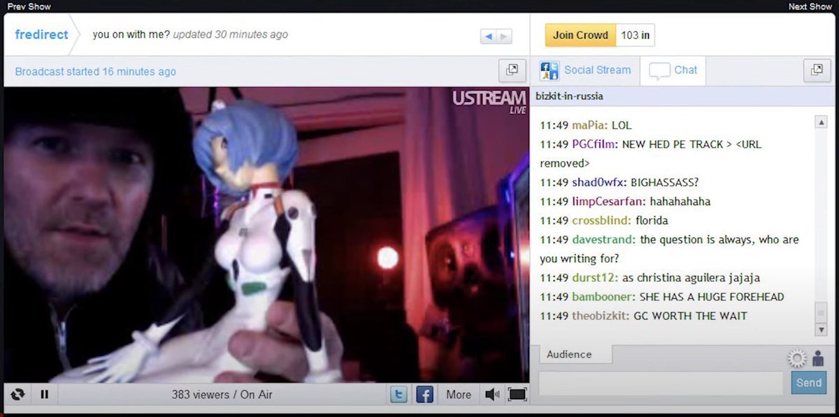 numetal_moment's tweet image. Fred Durst shows off his Rei figurine on stream (2010)