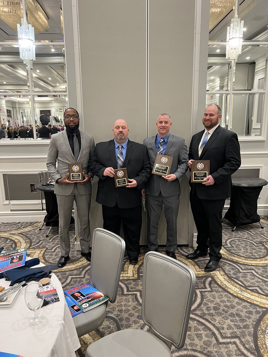Coach Tackett, 20 years…Coach Cousin and Coach Jervis, 10 years service awards at the OHSFCA clinic. Great men who work very hard for our program. Thank you men!
