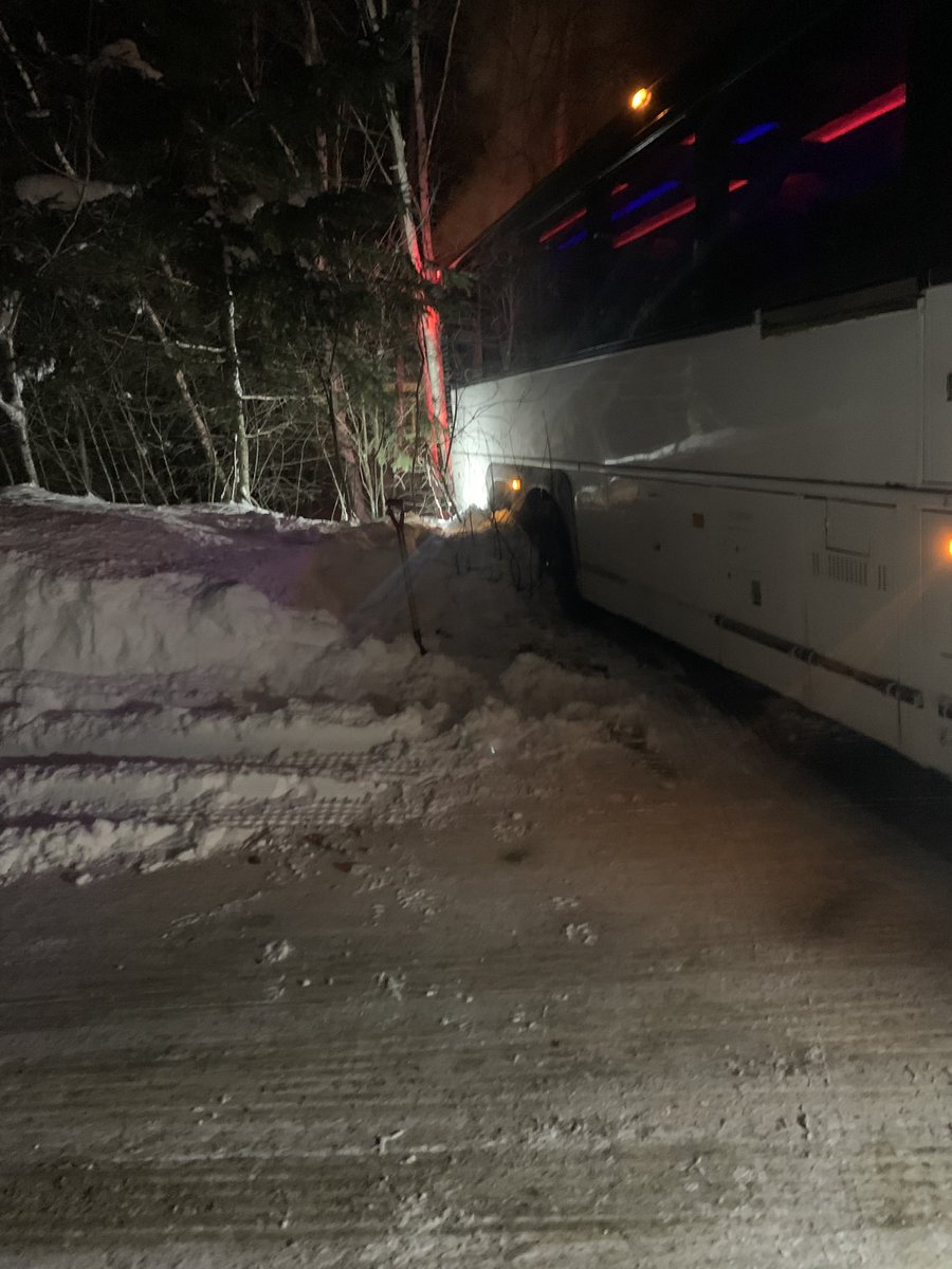 Some days ya just got to say what was he thinking!! Party bus stuck at the end of my driveway, actually past  the snow bank, off the road and into my bushes/trees. This all on a road closed to through traffic  in the winter. Got to love GPS directions 😖