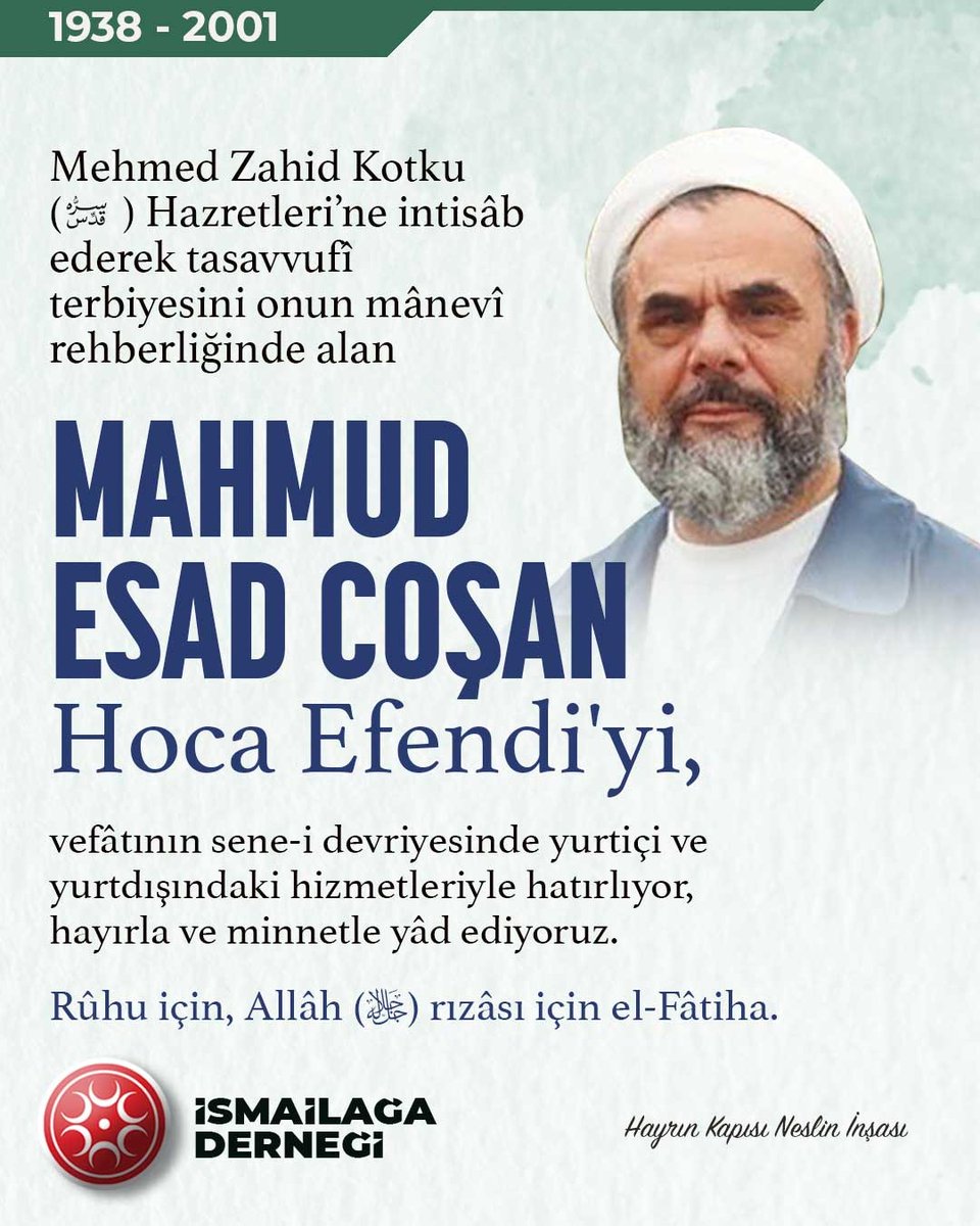 ismailaga_cami's tweet photo. #TarihteBugün (4 Şubat 2001)
Mahmud Esad Coşan Hoca Efendi'nin vefâtı

Hakkında  🔗  https://t.co/EUqujPi8BN https://t.co/zkrcUQpSCP
