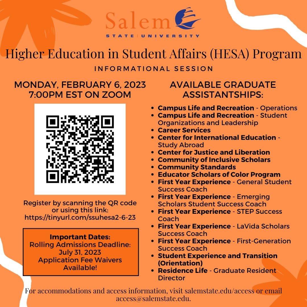 Please share this with your networks and anyone who may be interested! Join us for an informational session this upcoming Monday to learn more about our program, assistantships, and application process!

Register at tinyurl.com/ssuhesa2-6-23 and please reach out with any questions!