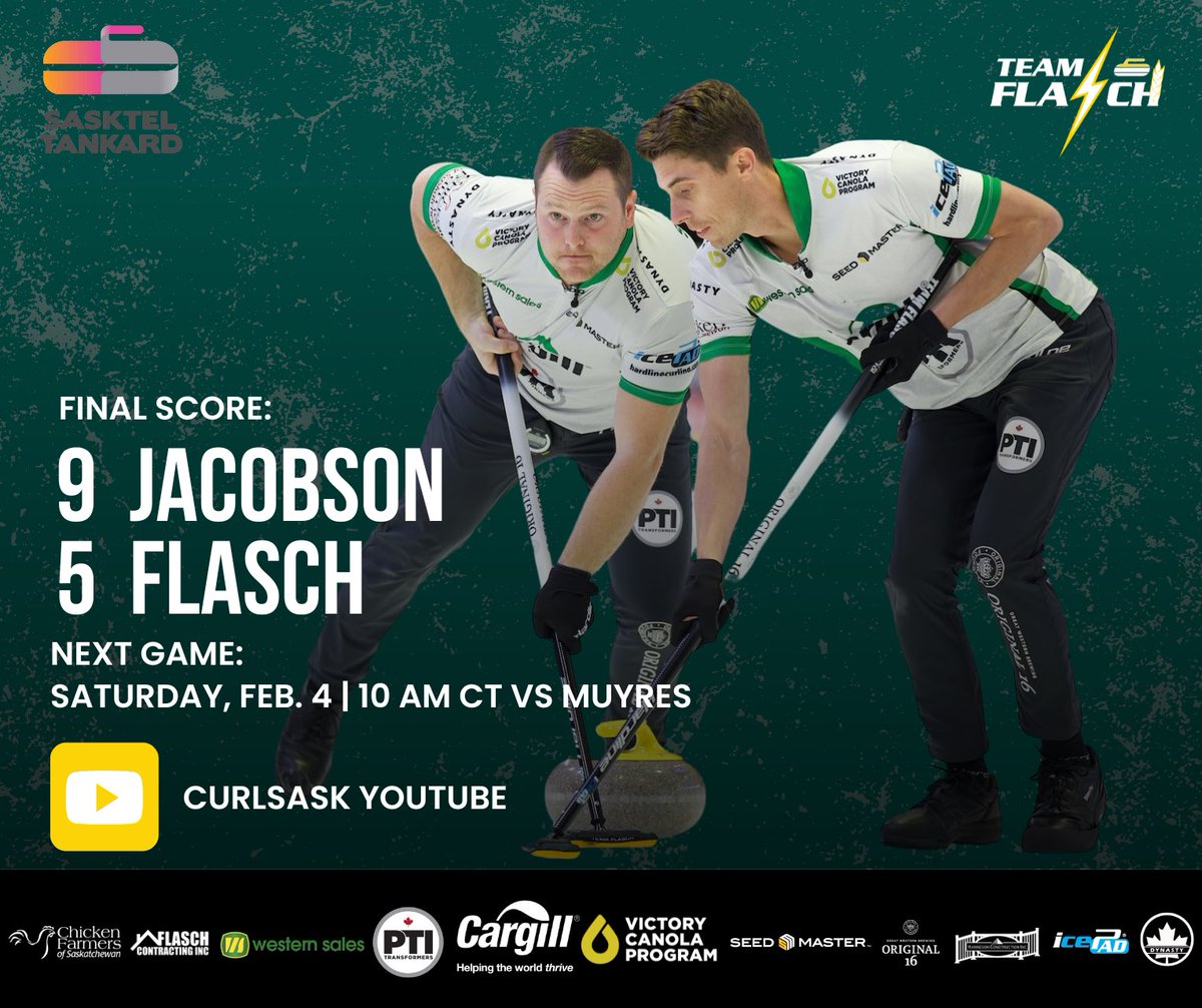 Unfortunately a couple of back-to-back losses puts us in the C Event. Time to grind! 👊🏻⚡️

NEXT GAME:
🗓️ Saturday, Feb. 4
⏰ 10 am CT
🆚 Muyres
📺 <a href="/CURLSASK/">CURLSASK</a> YouTube
💻 curlsask.ca

#TeamFlasch ⚡️