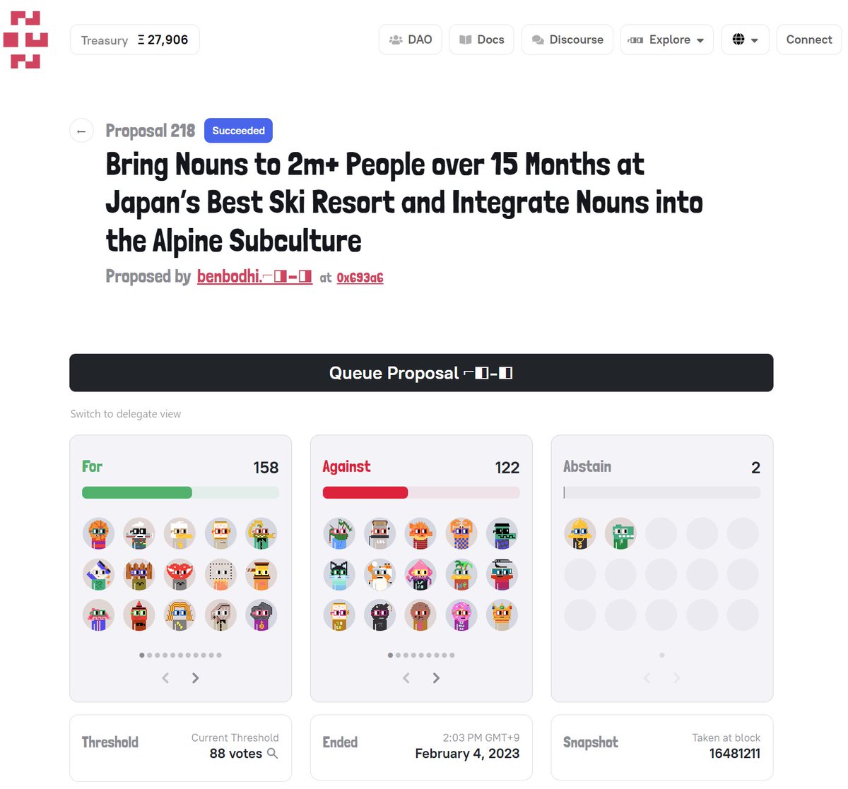Thank you to everyone who participated in voting on <a href="/nounsdao/">Nouns.eth</a> proposal 218. 

It was a close call and <a href="/benbodhi/">₿Ξnbodhi</a>, our team and I can't wait to get started with activations and fulfilling proposal objectives. 

⌐◨-◨