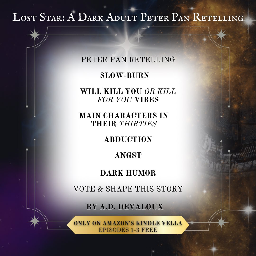 ADDevaloux's tweet photo. Mind the triggers. #peterpanandwendy #peterpanretelling #wendymoiraangeladarling #BookBoost #fanfiction #spicybooks #slowburnromance #kindlevella #kindlevellastory #fairytaleretelling https://t.co/Fb8u453Q71