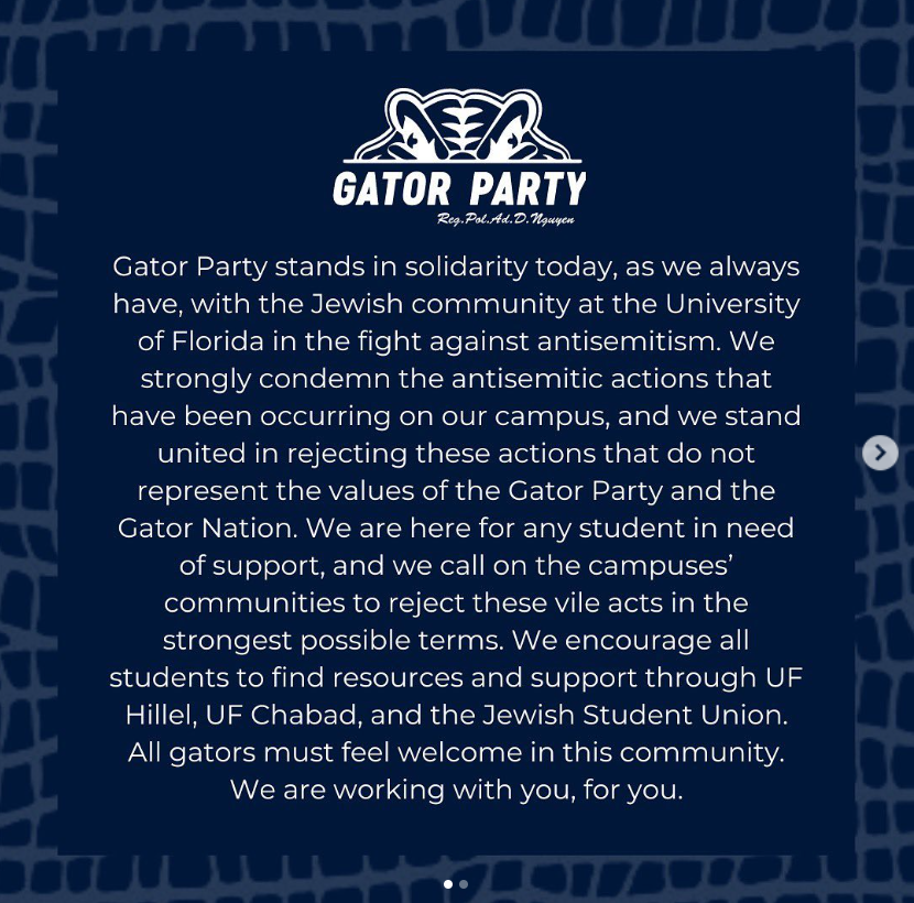 WL_Garrison's tweet photo. Statement by the Gator Party at the University of Florida condemning antisemitic chalking & other Nazi activity on campus
#DaltonClodfelter #TylerRussell #SamPinkelman #YEisRight #YE24 #StudentsForYe #DanielSchmidt #Groyper #NickFuentes #Antisemitism #Jewish #Jews #UF #ChompHate https://t.co/AyC0r5GCwc
