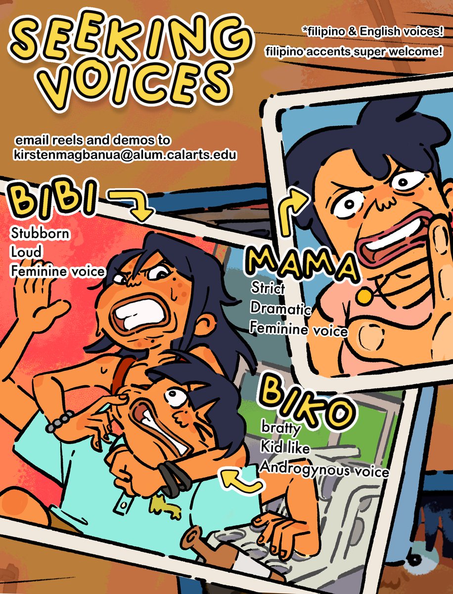 angstike's tweet photo. Looking for voice actors for my bfa2 student film! Filipino voices super welcome! 
Theres actually more than 3 characters in this film that need voices, so feel free to send lines even if you dont match the 3 main characters.

Email me ur reels :
Kirstenmagbanua@alum.calarts.edu https://t.co/X0Szd2k9ee