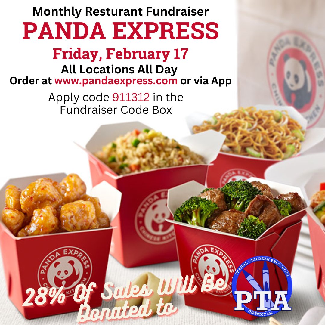 PcpPta204's tweet photo. Order with @PandaExpress Today and apply code 911312. 
28% of Sales get donated back to the PTA! Order on app or https://t.co/18FOpA67jX https://t.co/HpFfeEd1K7