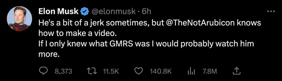 TheNotARubicon's tweet photo. Give me a call @elonmusk i'll give you a private GMRS lesson. https://t.co/jg5kGDT69K