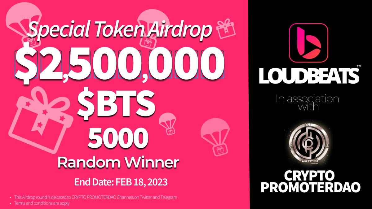 📣 LOUDBEATS X Crypto Promots Massive #Giveaway

😱 Prize Pool-
🎁 $2,500,000 BTS Token 

To Enter:
✅ Follow <a href="/CryptoPromots/">Crypto Promoter™</a> &amp; @LOUDBEATSON
✅ Like &amp; RT Tag 3 Friends 
✅ Finish tasks
giv.gg/loudbeats-cryp…

#Airdrop #Crypto #AirdropCrypto #Airdrops