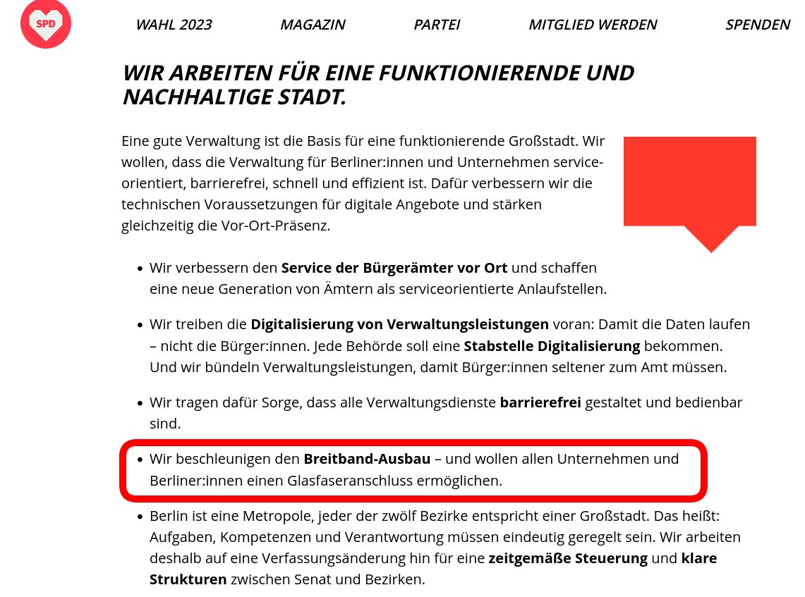 Witzig, <a href="/spdberlin/">SPD Berlin</a> hat noch immer die Dreistigkeit "Breitband für alle" im Wahlprogramm stehen zu haben, während die #HOWOGE als kommunaler Betrieb den Glasfaseranschluss in #Karlshorst weiterhin blockiert. 
Wer ist nochmal @Bausenator in #berlin? <a href="/SPDBVVLbg/">SPD Fraktion BVV Lbg</a> <a href="/Tobias_Schulze/">Tobias Schulze</a>