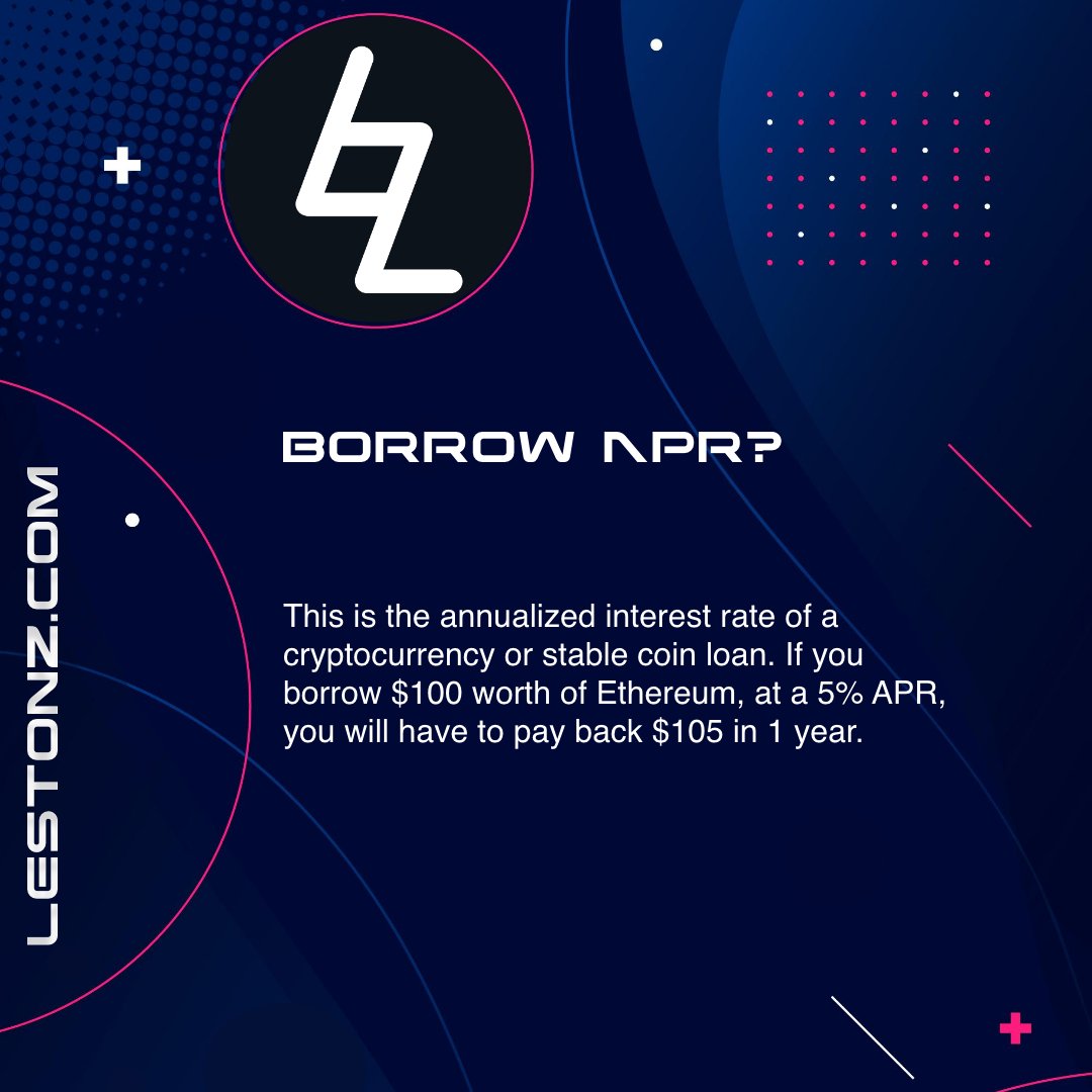 LestonzTECH's tweet image. Borrow APR?

This is the annualized interest rate of a cryptocurrency or stable coin loan. If you borrow $100 worth of Ethereum, at a 5% APR, you will have to pay back $105 in 1 year.

#makingBetter #lestonz #Blockchain #web3 #smartcontract #tech #BTC #bitcoin #ETH  #BNB #AVAX