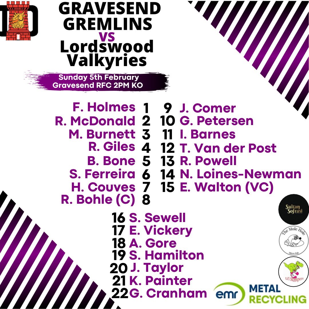 Looking forward to hosting Lordswood RFC at home tomorrow 💜🤍🖤 With the Academy kicking off at 11am and The GRFC Vets at 2.30pm it promises to be a great day of rugby! 🏉🏉🏉 #gravesendgremlins #NC2SOUTHEAST #kentrugby #womensrugbykent #womensrugby #womensrugbyteam