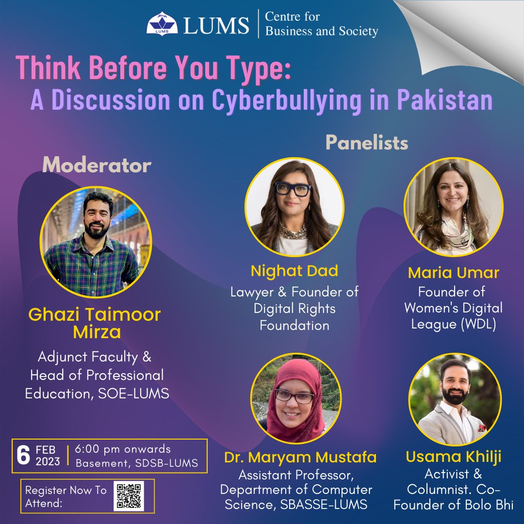 Meet Our Expert Panelists! Panel Session titled 'Think Before You Type: A Discussion on Cyberbullying in Pakistan' @UsamaKhilji is an activist, researcher and co-founder of @BoloBhi Sign up now to attend the event at SDSB-LUMS on Feb 6 , 2023 forms.gle/ocb7AAq3z63RvZ… #cbslums