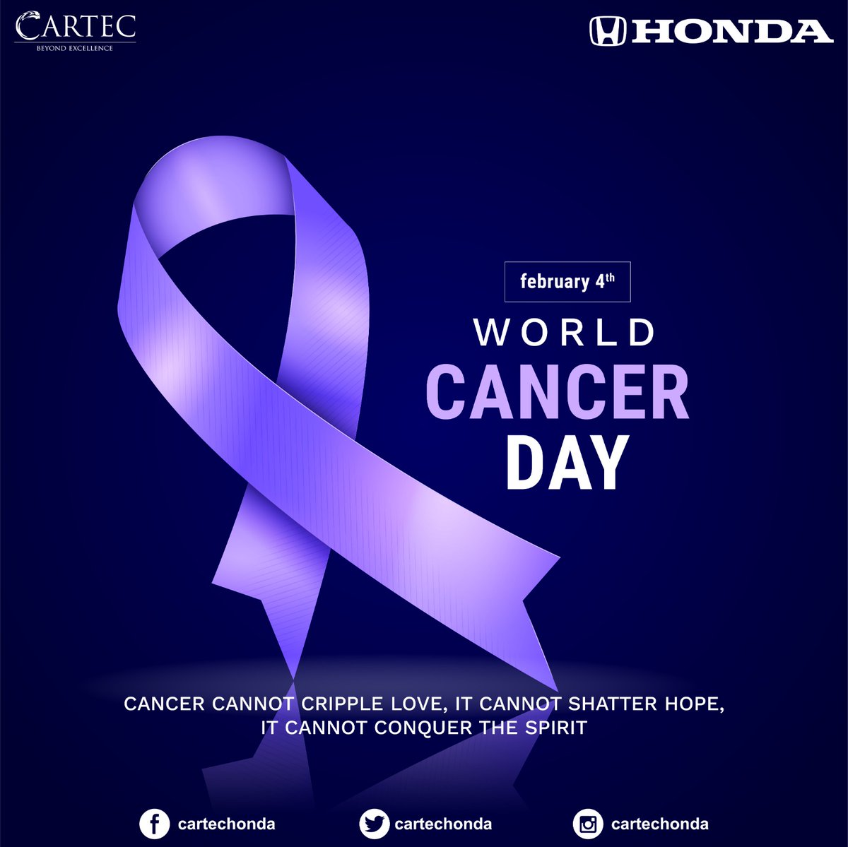 CartecHonda's tweet photo. This World Cancer Day let us come together and support all those who are fighting this life-threatening disease.
.
#CartecHonda #ConceptGroup #worldcancerday #cancersurvivor #cancerawareness #cancerfighter #fightwithpositivity https://t.co/DHxhsF9J8T