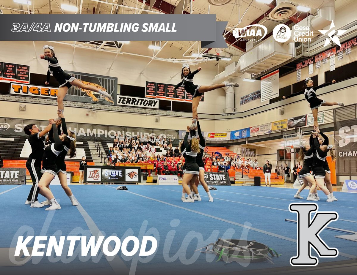 2023 WIAA/<a href="/GesaCU/">Gesa Credit Union</a> State Cheer 3A/4A Non-Tumbling Small Champions:

Kentwood

#wastatecheer presented by Rebel Athletic