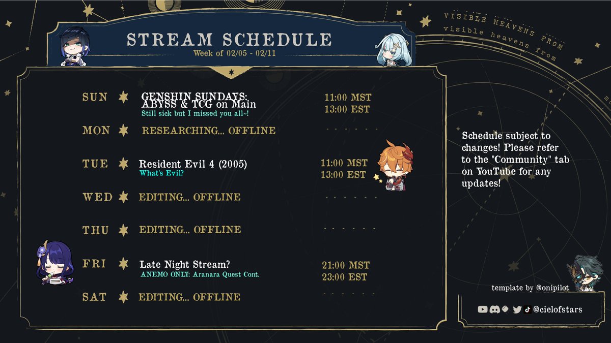 Cielofstars's tweet photo. ✨ 【Schedule for Jan 29th - Feb 4th】🌪️
Hi Starlings!🐣Meemaw is alive with a slight cough. Sickness? Never heard of her. Here's the schedule for this week! Have a wonderful week ahead! YOU GOT THIS!

#pngtuber #ENVtuber #GenshinImpact https://t.co/QVRWWA5mzY