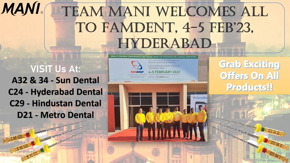 ManiMedicalInd's tweet photo. 🗣🗣🗣 "𝐌" 𝐅𝐨𝐫 𝐌𝐀𝐍𝐈 .... "𝐉" 𝐅𝐨𝐫 𝐉𝐈𝐙𝐀𝐈
Visit #FAMDENT Show from Feb 4-5, 2023 at Hitex Convention Centre, #Hyderabad & Avail Great OFFERS on All MANI Products!!
MANI-"The Best Quality In The World, To The World" https://t.co/qlnOGjBgku