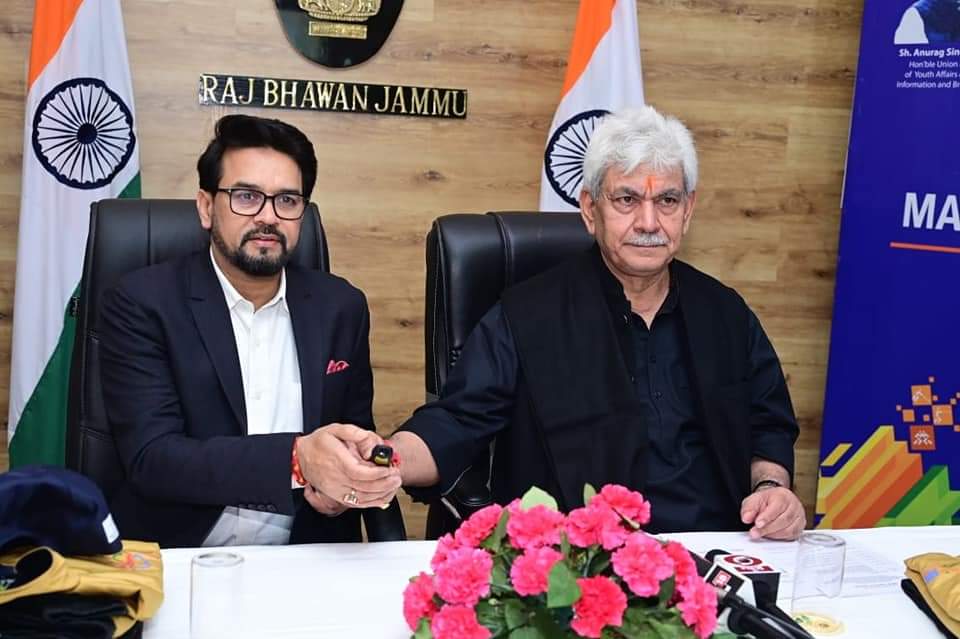 kheloindia's tweet photo. Glimpses 📸 : Launch ceremony of the Mascot, Anthem song, and Jersey of the #KheloIndia Winter Games 3️⃣rd Edition 🤩 in the august presence of Hon'ble LG of Jammu and Kashmir Sh. @manojsinha_ Hon'ble Union Minister of @YASMinistry Sh. @ianuragthakur with other eminent dignitaries https://t.co/CvCLBuPXtD