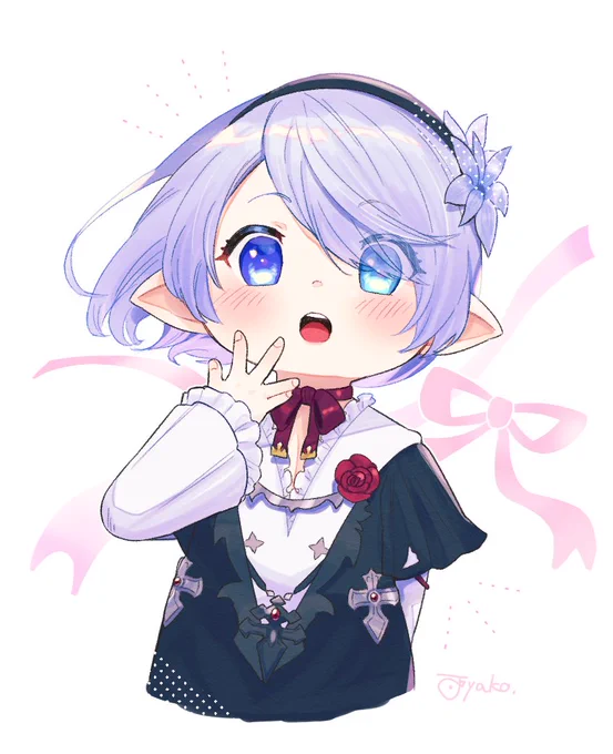 オッドアイの綺麗なララちゃん描かせていただきました!黒い装備に銀髪と赤いリボンがとっても可愛いです。ありがとうございました! (  ) 