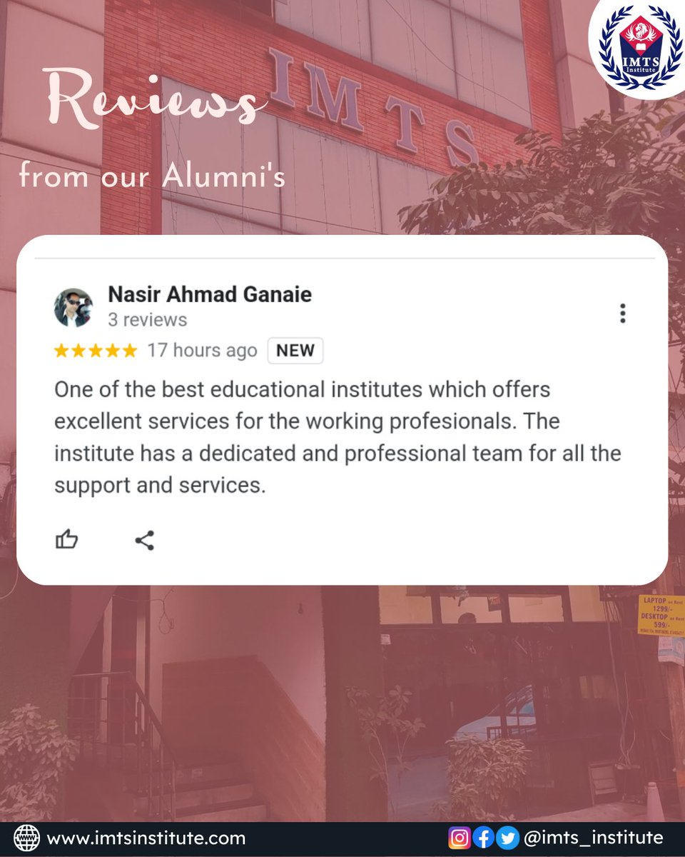 IMTSINSTITUTE's tweet photo. Review from our one of Alumni on Google, Website link in bio-
#Testimonial #Review #ServiceReview #Servicefeedback #AlumnisReview #Googlereview #Onlinelearningplatform #DistanceEducation #IMTSInstitute #IMTSNoida https://t.co/A3sXEyp2V9