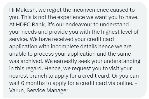 mukeshkd's tweet photo. @HDFCBank_Cares @tata_neu If there was some technical issue, you guys must be responsible for that. I WILL NOT VISIT ANY BRANCH TO APPLY AGAIN.
Already enough CIBIL enquiries has been done, please process the same request, otherwise I will have to escalate this issue. https://t.co/7sp09VSvZY