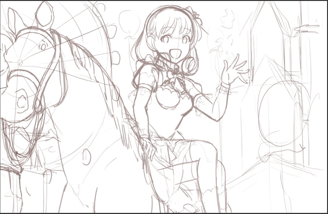これはここまで描いたものの自分の画力の関係と顔が上手く描けなくて諦めたラフです (馬は無駄にうまく描けた) 
