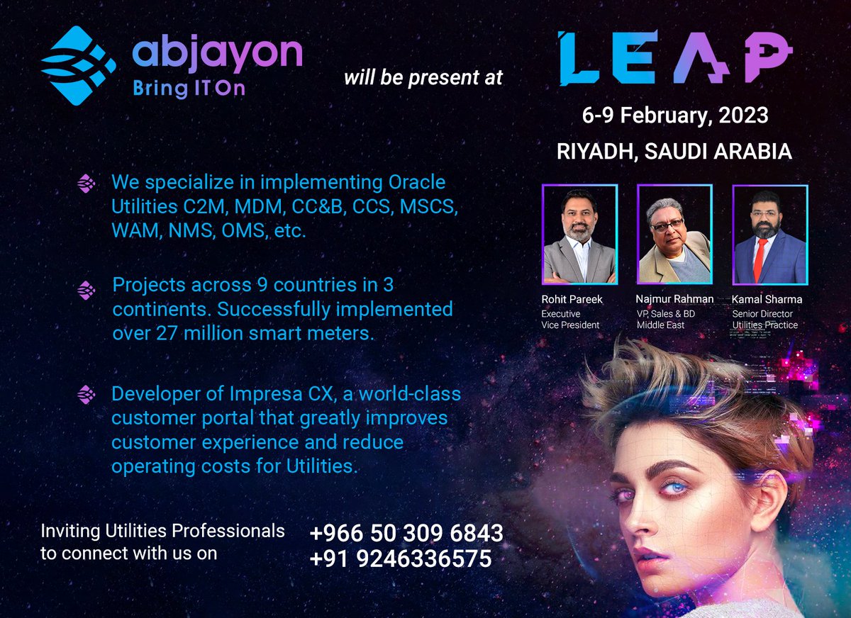 Rohit Pareek, Kamal Sharma &amp; Najmur Rahman from Abjayon Inc. will be attending <a href="/LEAPandInnovate/">LEAP</a> at Riyadh. 

Inviting Utilities professionals to get in touch with our team at kamal.sharma@abjayon.com or +966 50309 6843 to schedule a meeting. 

#Oracle #abjayon #LEAP23