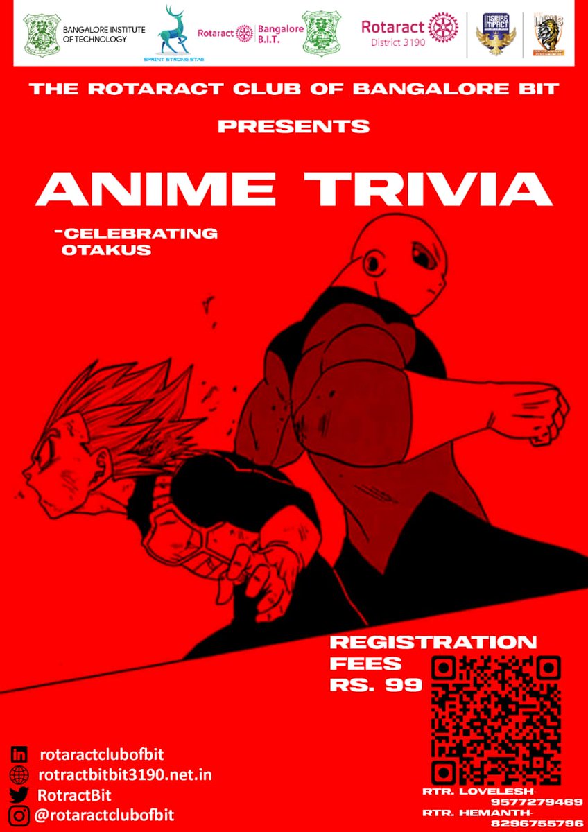 RotaractBIT's tweet photo. "Attention all anime fans!"🥳

Get ready to test your anime knowledge at Rotaract Club of Bangalore B.I.T.  Anime Trivia event! 🔥Brush up on your favorite shows, characters, and moments and compete with other anime enthusiasts for prizes💫���. https://t.co/Bgw4dUjKG2