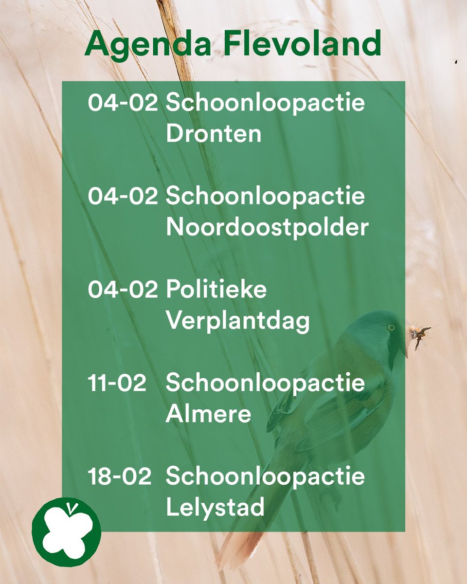 🗓️ Aankomende activiteiten in Flevoland!

Er zijn weer leuke activiteiten gepland de aankomende tijd! We gaan de provincie een stukje schoner maken in Dronten, de Noordoostpolder, Almere en Lelystad. En in Almere is de Politieke Verplantdag van <a href="/MeerbomenN/">MeerBomenNu</a>  met <a href="/LeonieVestering/">Leonie Vestering</a>!