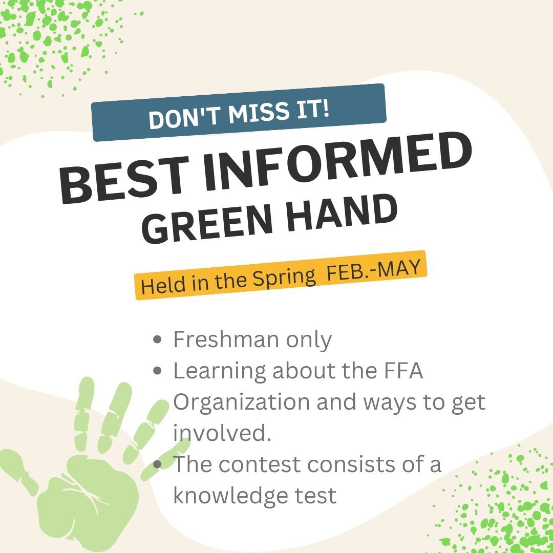 Attention all Freshman!

Are you interested in learning more about the FFA Organization, and ways to get involved?

Now is the chance to join B.I.G which is dedicated to informing more about the FFA Organization throughout its history.

For questions please visit Ms. Sweet in D05