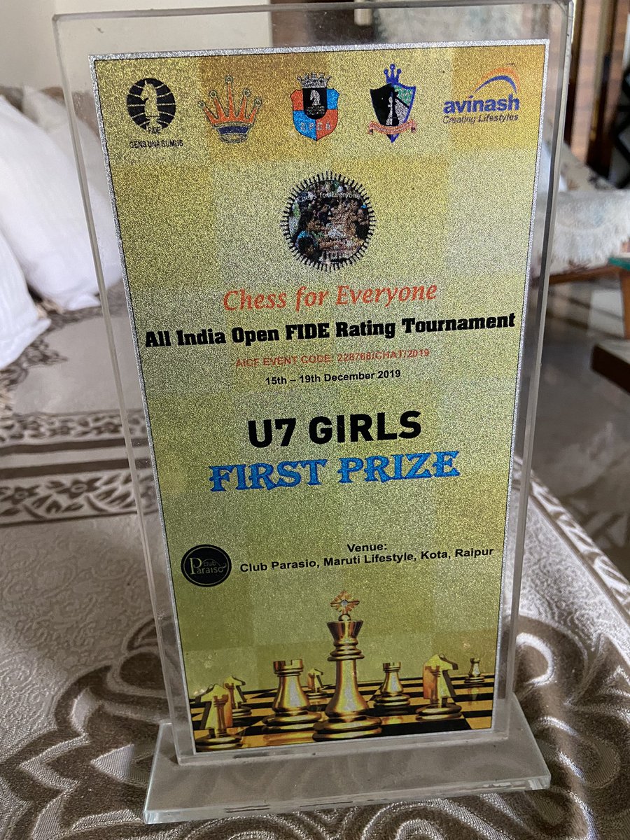 vedika_pal's tweet photo. Won #FirstPrize 🥇 Under 07- (Girls) at #chessforeveryone @ All India Open #Fide Rating Tournament 2019 Held at Kota, #Raipur.
#ChessChamps #chesspunks #chessgame #sportsbettingtwitter
@SportsNation
@DulariaVijaypal https://t.co/QC8YWPLIVa