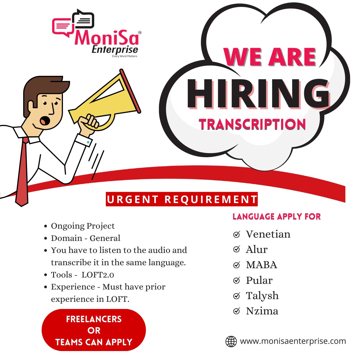 MoniSaEntrprise's tweet image. Greetings from MoniSa Enterprise.

We have an urgent requirement to our Ongoing Transcription project. 

If interested, Kindly fill out the form: monisaenterprise.wufoo.com/forms/loft-pro…

#alur #maba #pular #nzima #venetian #talysh #hiringimmediately #hiring  #translation #transcription  #italy
