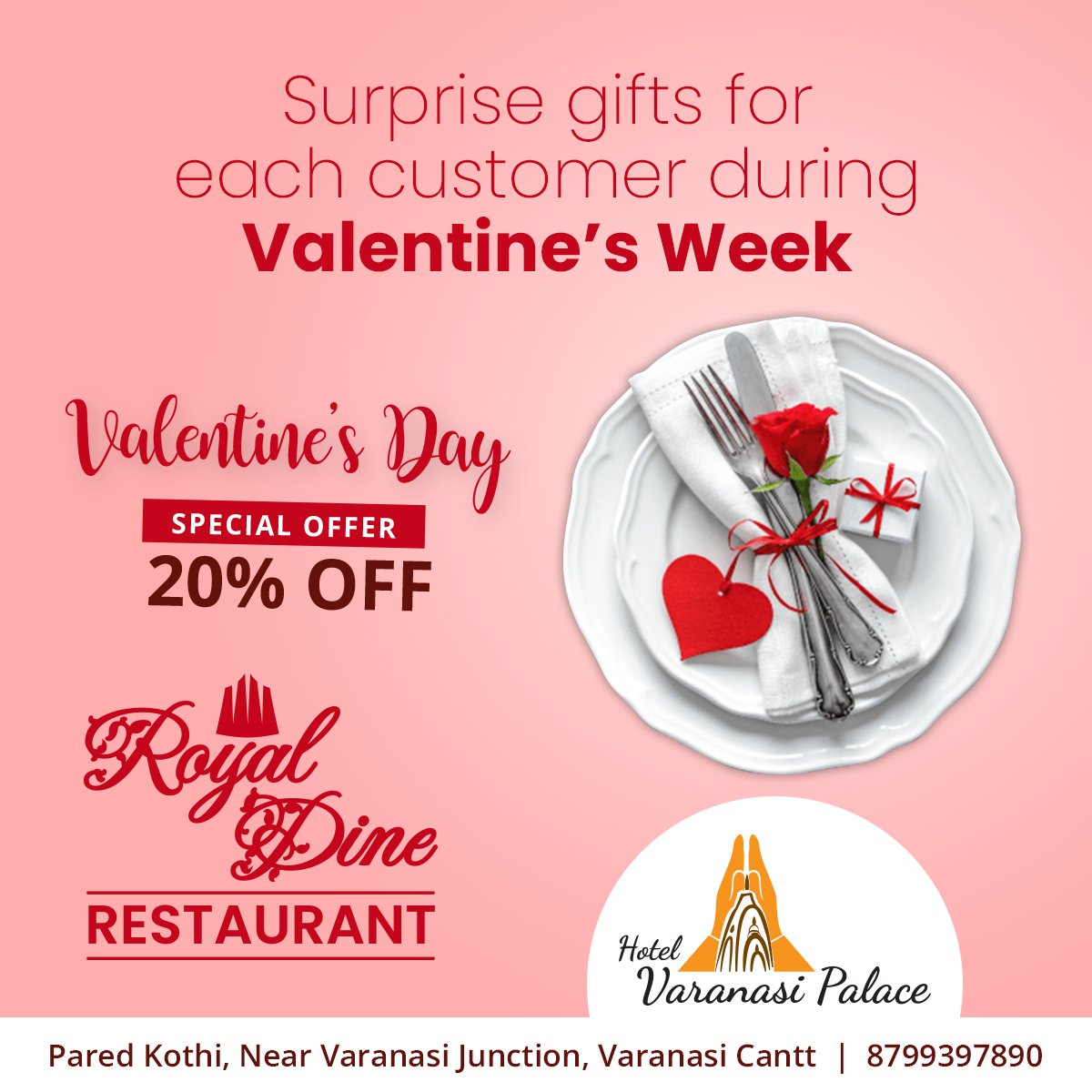 VaranasiPalace's tweet photo. Valentine's Day Special Offer. 20% OFF at Royal Dine Restaurant at Hotel Varanasi Palace. Call 8799397890.
#love #valentines #romantic #celebration #couple #royaldine #valentinedayoffer #20percentdiscount #discountonfood #restaurantoffer #specialoffer #offeronfood #specialgift https://t.co/sNcY961FHH