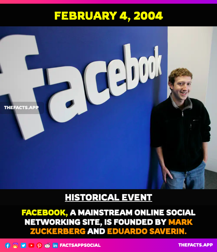 factsappsocial's tweet photo. #OnThisDay #DidYouKnow #February 4, 2004: #Facebook, a mainstream online social networking site, is founded by #MarkZuckerberg and #EduardoSaverin. Please Like,Follow and Retweet. @Meta #MenloPark #FacebookZero
https://t.co/RYeyG0NIOT https://t.co/qrOM2mSP5V