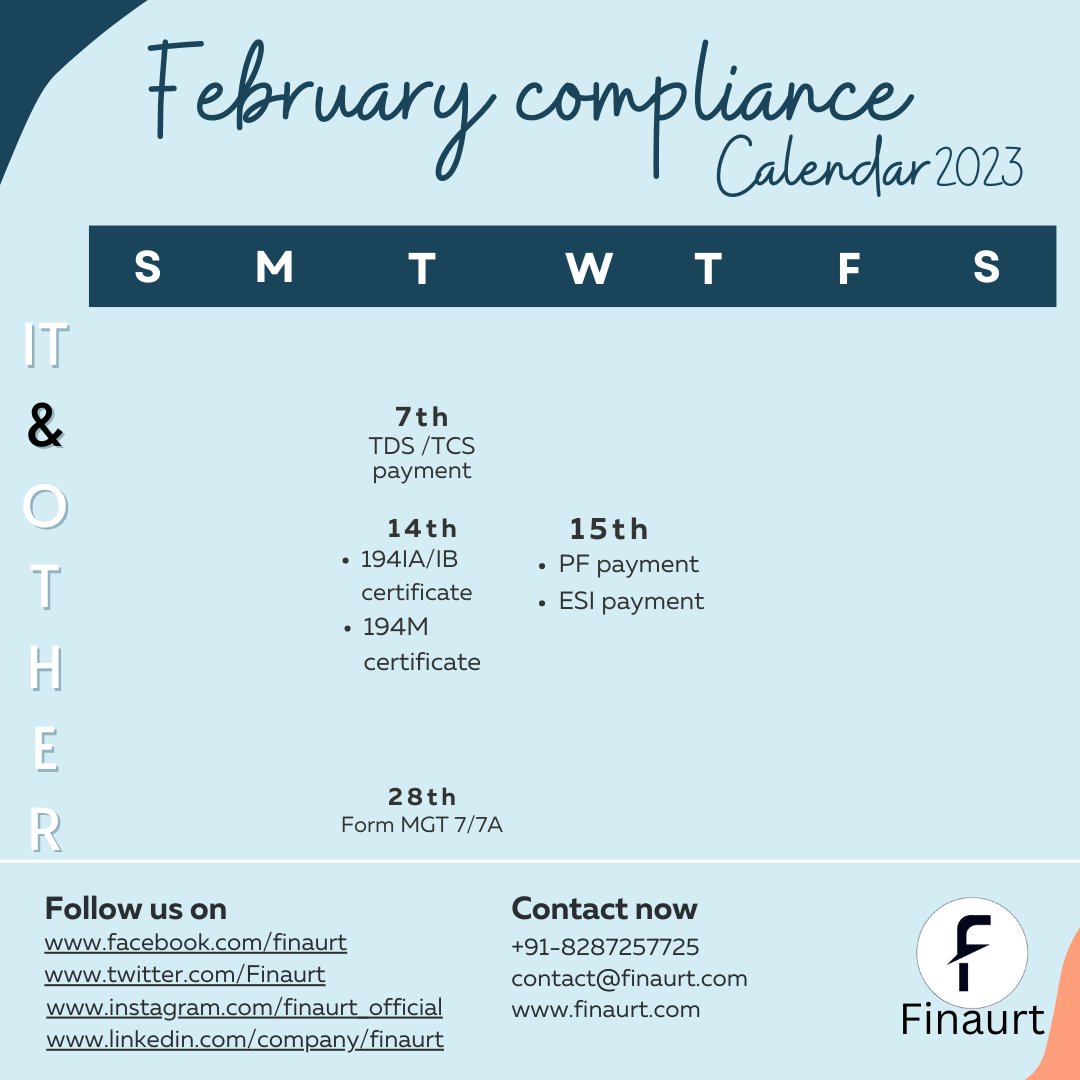 finaurt's tweet photo. Don't miss a beat on your tax obligations with this handy compliance calendar! 

 #Compliance #TaxExpert  #TaxProfessional #duedate #gstr1 #gstupdates  #update #Updates  #services   #charteredaccountants  #finaurt #incometax https://t.co/wLlEc6astk