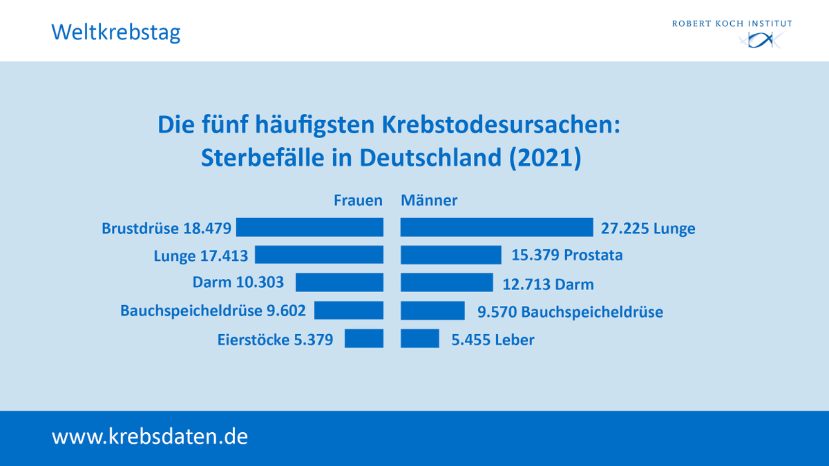 Fast 230.000 Menschen sind 2021 in 🇩🇪 an einer Krebserkrankung gestorben.
#Weltkrebstag #WorldCancerDay

📉Bei welchen Krebsarten sank die Sterblichkeit?
📈In welchen Bereichen nahmen die Sterbefälle zu?

Infos beim Zentrum für Krebsregisterdaten am #RKI
➡️krebsdaten.de/Krebs/DE/Conte…