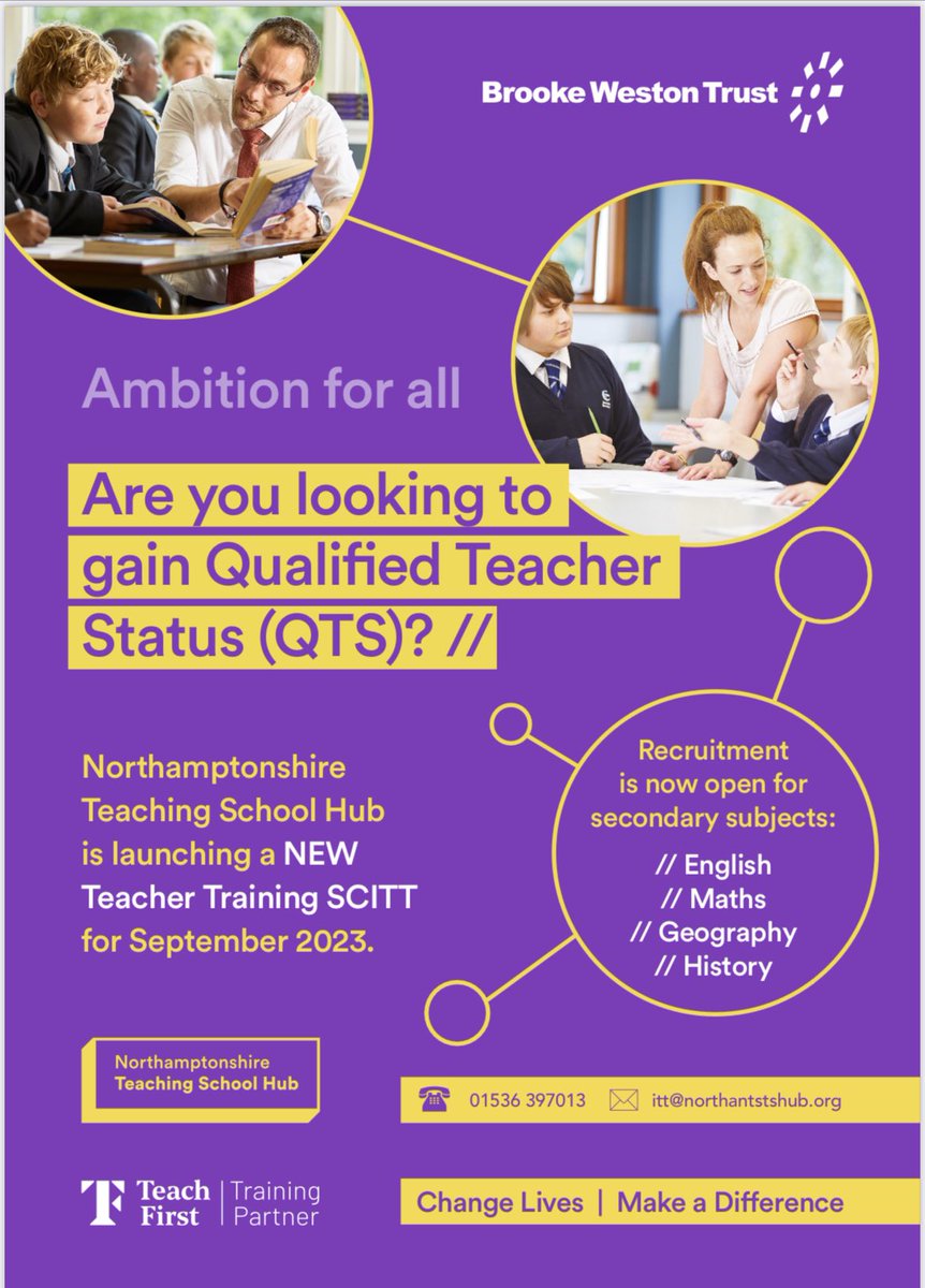 BWTAmbitionHub's tweet photo. 🤩Do you work in a school, have a degree and dream of teaching? This! 👇🏼@NTSH_ITT @Northants_TSHub @BWTrust https://t.co/84VVRFQVTX