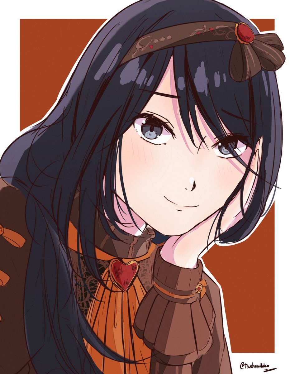 1girl solo brown bow long hair smile black hair looking at viewer  illustration images