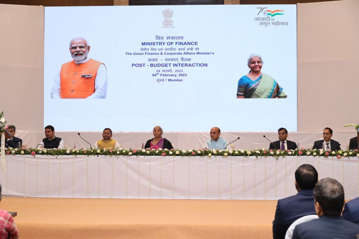 Devendra_Office's tweet photo. DCM #DevendraFadnavis attending Post Budget Interaction held by Union Finance Minister @nsitharaman ji in #Mumbai.
Union MoS @DrBhagwatKarad, industry leaders,experts from various fields are present.
Dignitaries inaugurated the session by lighting traditional lamp.
#Budget2023 https://t.co/RaG2SWzVK5