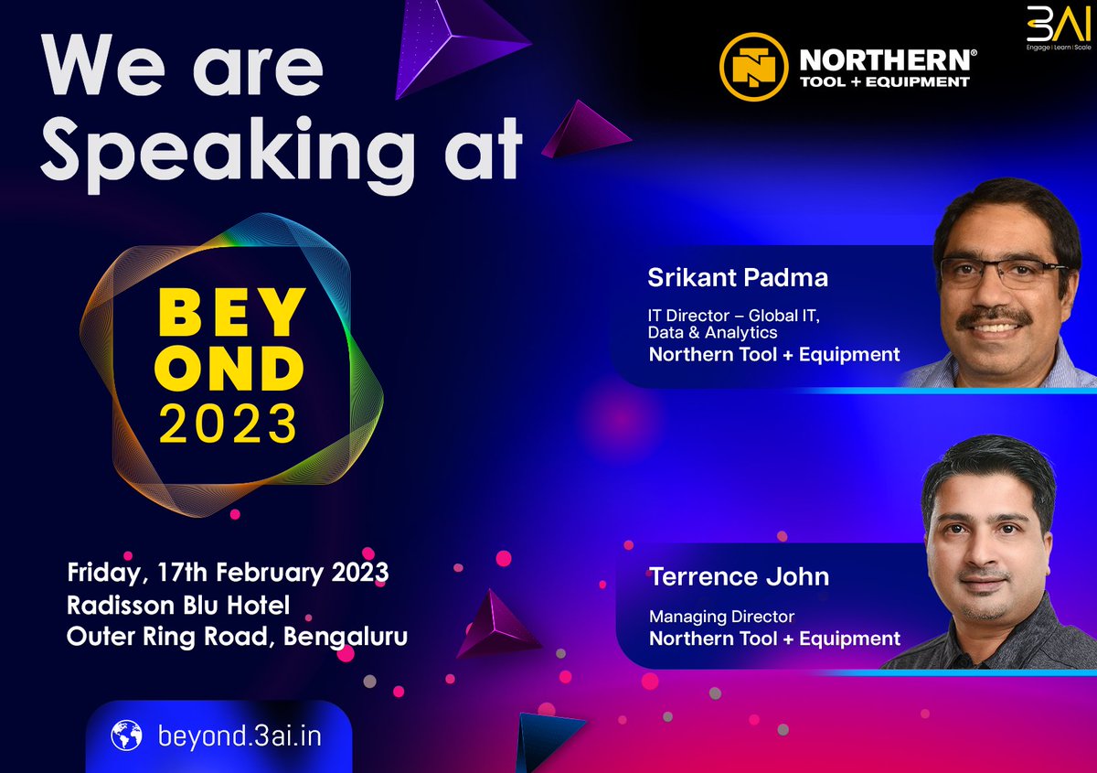 3AI (@3aiplatform) on Twitter photo WE ARE SPEAKING AT BEYOND 2023 - beyond.3ai.in
Srikant Padma, IT Director - Global IT, Data & Analytics, Norther Tool + Equipment India
Terrence John, Managing Director, Northern Tool + Equipment India
REGISTER NOW : beyond.3ai.in/delegate-pass/
<a href="/DhanrajaniS/">Sameer Dhanrajani</a> WE ARE SPEAKING AT BEYOND 2023 - beyond.3ai.in
Srikant Padma, IT Director - Global IT, Data & Analytics, Norther Tool + Equipment India
Terrence John, Managing Director, Northern Tool + Equipment India
REGISTER NOW : beyond.3ai.in/delegate-pass/
<a href="/DhanrajaniS/">Sameer Dhanrajani</a>