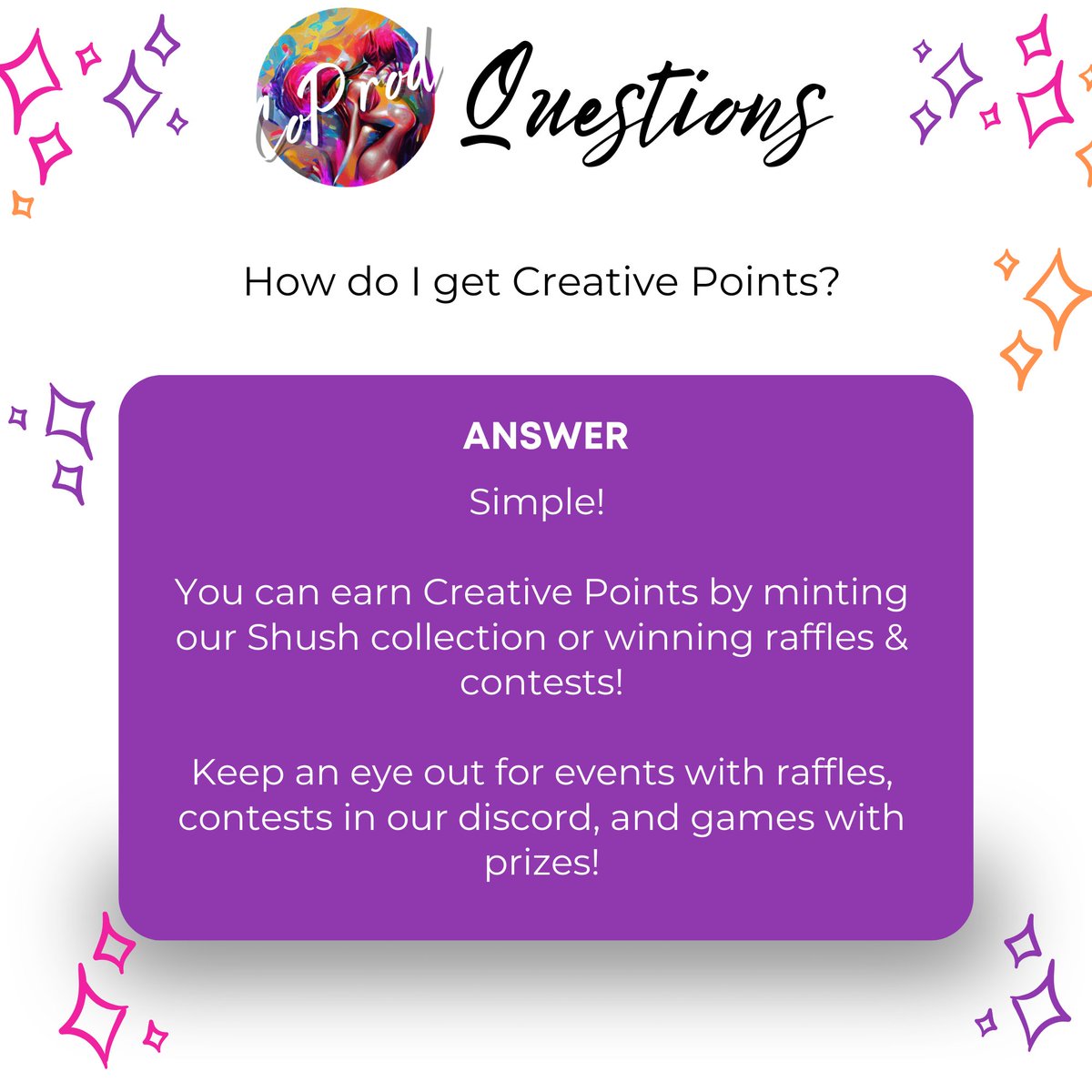 Day 23 of 31 Days of FAQs! 🥰😍

Creative Points turn you into a CoProd Creator &amp; allow you to finish a Transcend NFT! For each NFT you submit you'll earn 30% mint &amp; 1.5% secondary sales. It's super easy to get them - just mint or play. 💕